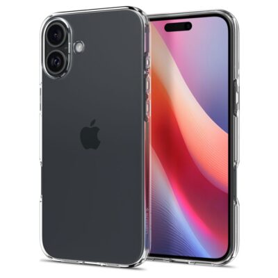 Skaidrus dėklas Apple Iphone 16 Spigen Liquid Crystal matomas uždėtas ant telefono su juoda galine dalimi
