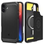 Juodas matinis dėklas Apple Iphone 16 Spigen Rugged Armor MagSafe su tekstūru ir magnečių sistema