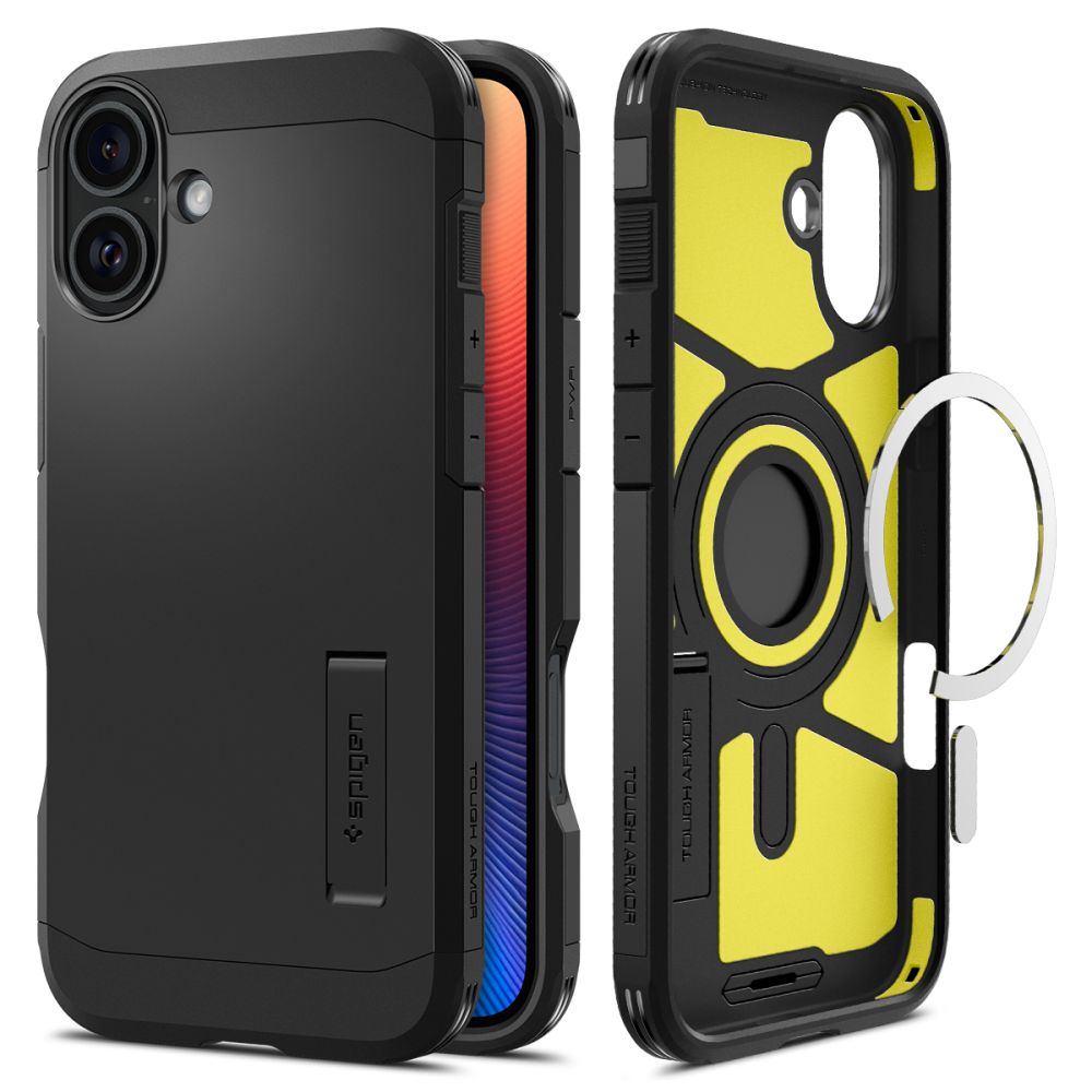 Juodas dėklas Apple Iphone 16 Spigen Tough Armor Magsafe Juodas Spigen Tough Armor Magsafe dėklas Apple iPhone 16 su išoriniu ir vidiniu vaizdu