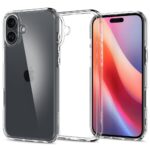 Skaidrus dėklas Apple Iphone 16 Spigen Ultra Hybrid, matomas iš kelių pusių ant juodo telefono fono