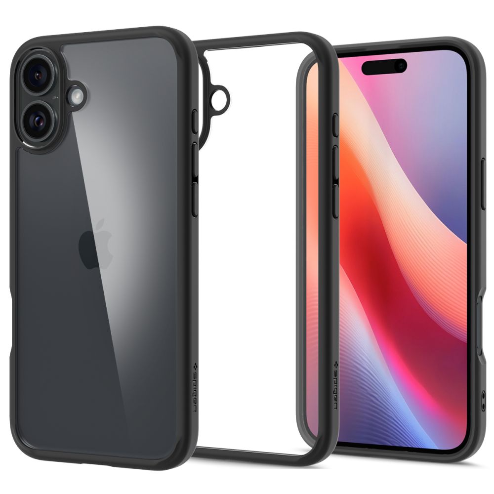 Juodas matinis dėklas Apple iPhone 16 Spigen Ultra Hybrid Juodas matinis dėklas Spigen Ultra Hybrid Apple iPhone 16 su permatoma nugarėle ir apsauga kamerai