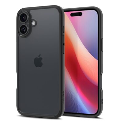 Juodas matinis dėklas Apple Iphone 16 Spigen Ultra Hybrid su apsauga kameros ir ekrano kraštuose