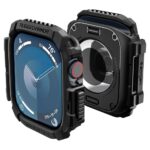 Juodas matinis dėklas Apple Watch 10 42mm Spigen Rugged Armor su apsauginiu rėmu ir mygtuku