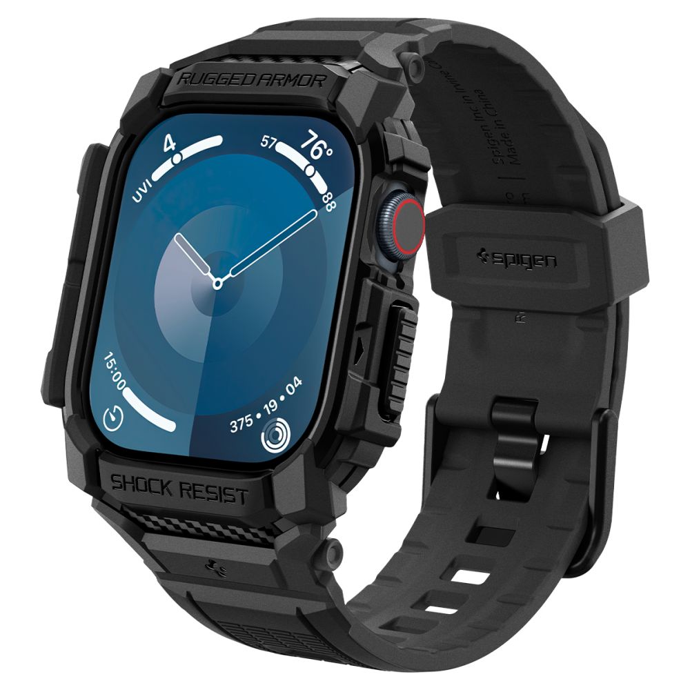 Juodas matinis dėklas Spigen Rugged Armor Apple Watch 10 42mm Juodas matinis Apple Watch 10 (42mm) dėklas su apyranke Spigen Rugged Armor