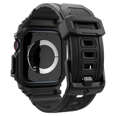 Juodas matinis dėklas ir apyrankė Apple Watch 10 42mm Spigen Rugged Armor su storu apsauginiu korpusu