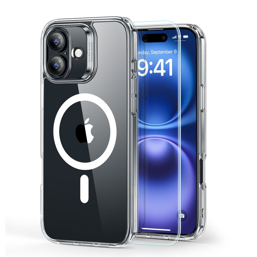 Skaidrus dėklas Apple Iphone 16 Esr Classic Hybrid Halolock Magsafe Skaidrus dėklas su apsauginiu stiklu Apple Iphone 16 su matomu apsauginiu skaidriu plastiku ir stiklu