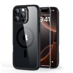 Juodas-skaidrus dėklas su apsauginiu stiklu Apple Iphone 16 Pro Max priekinės ir nugarinės dalies vaizdas