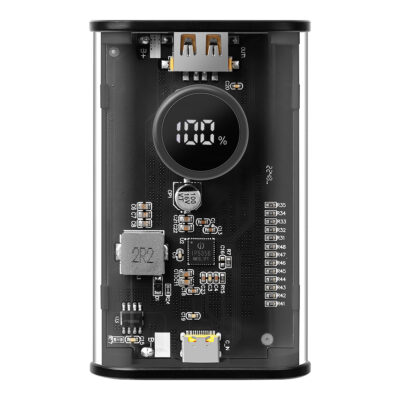 Juoda išorinė baterija Tactical C4 Explosive 9600mAh su matomu elektroniniu ekranu rodančiu 100 procentų įkrovą