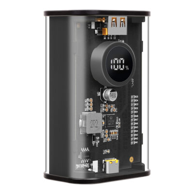 Juoda išorinė baterija Tactical C4 Explosive su išmaniuoju ekranu ir matoma grandine