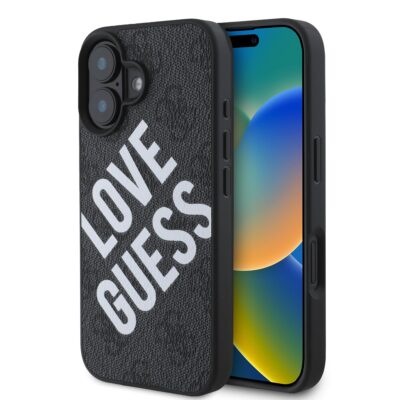 Juodas dėklas Guess PU Leather 4G Big Love Logo MagSafe telefonui Apple iPhone 16 su balta užrašu Love Guess