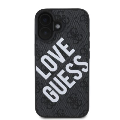 Juodas dėklas Guess PU Leather 4G Big Love Logo MagSafe telefonui Apple iPhone 16 su dideliu baltu Love Guess užrašu