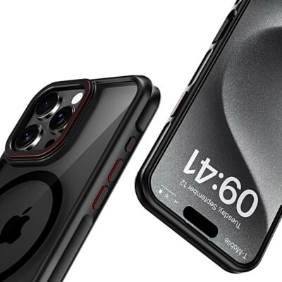 Juodas-raudonas dėklas Apple Iphone 16 Pro Tech-Protect Maghybrid Magsafe su raudonais akcentais ant mygtukų ir kameros apsaugos