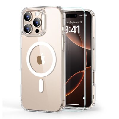 skaidrus deklas su apsauginiu stiklu apple iphone 16 pro max esr classic hybrid halolock magsafe priekinis ir galinis vaizdas