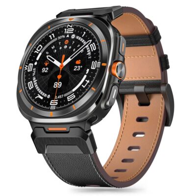 Juoda odinė apyrankė Samsung Galaxy Watch Ultra 47 MM su juodu paviršiumi ir rudu vidumi