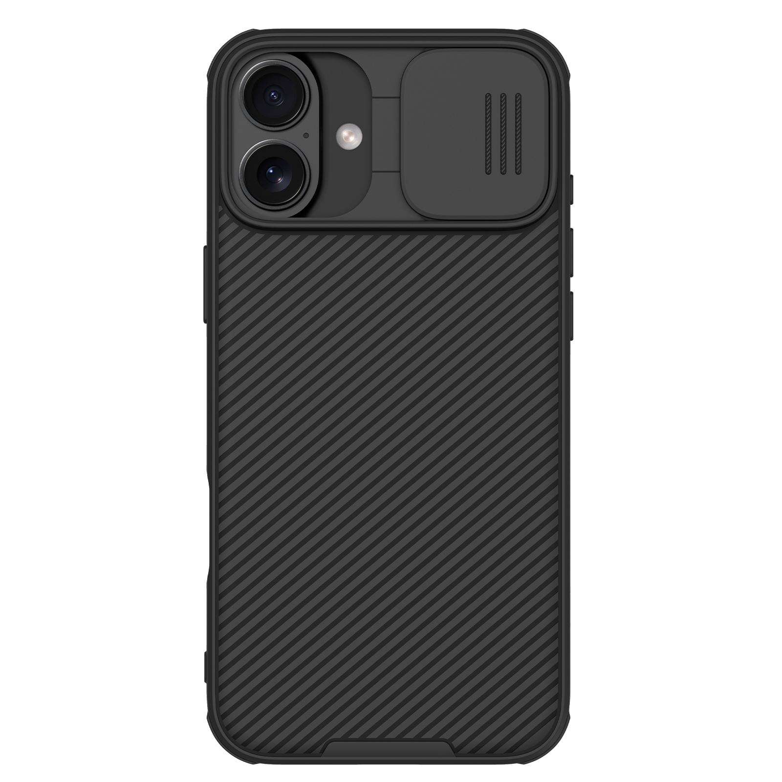 Juodas dėklas Apple iPhone 16 Plus Nillkin Camshield Juodas dėklas Apple iPhone 16 Plus Nillkin Camshield su raštuota tekstūra ir kameros apsaugos uždengimu