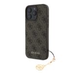 Rudas originalus dėklas Guess 4G Charms telefonui Apple Iphone 16 Pro Max su kilpele ir metaliniu pakabuku