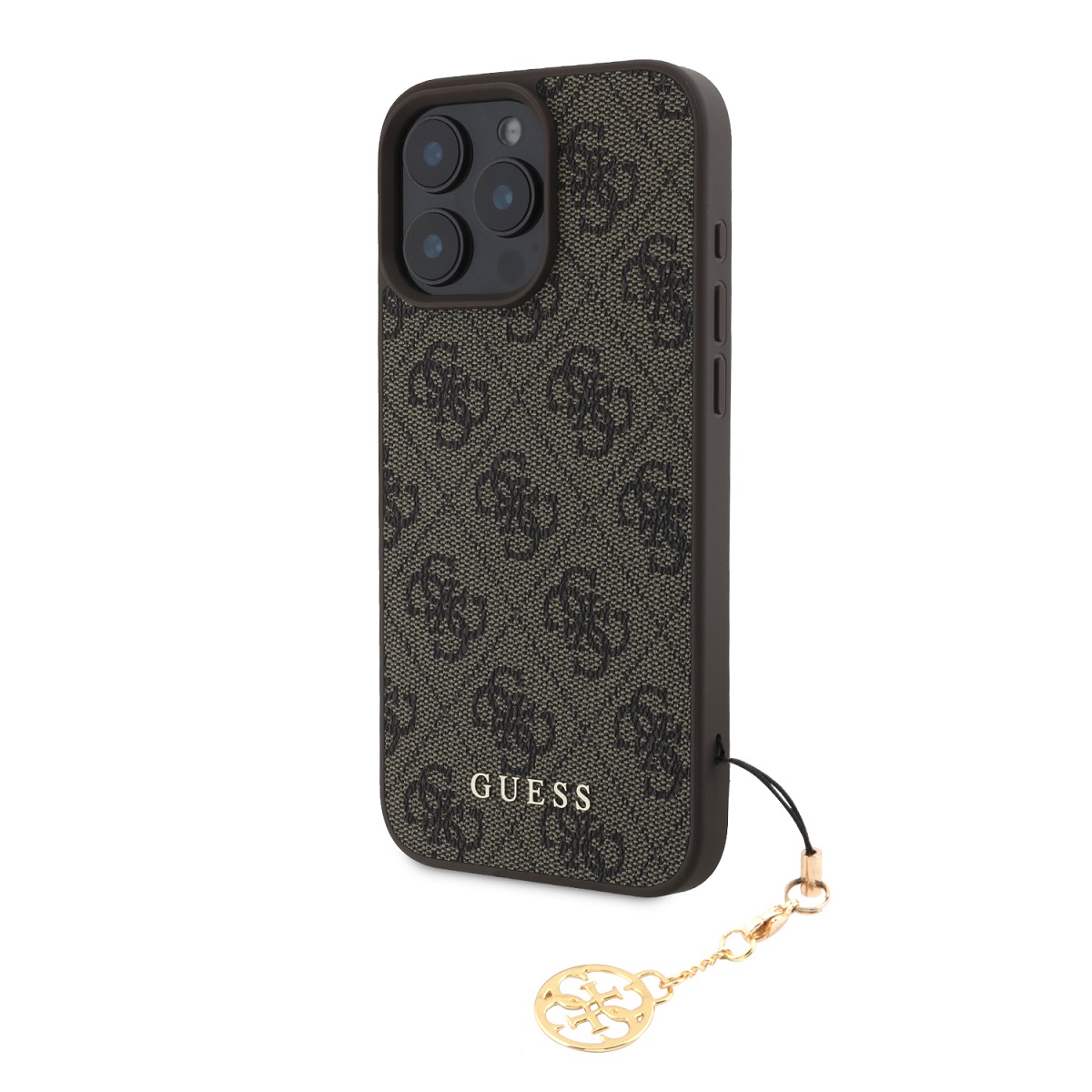 Rudas dėklas Guess 4G Charms Apple Iphone 16 Pro Max Rudas originalus dėklas Guess 4G Charms telefonui Apple Iphone 16 Pro Max su kilpele ir metaliniu pakabuku