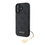 Pilkas originalus dėklas Guess 4G Charms telefonui Apple Iphone 16 Plus su auksiniu aksesuaru