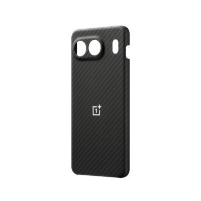Juodas dėklas Aramid Fiber Bumper telefonui OnePlus Nord 4 su anglies pluošto raštu ir baltu OnePlus logotipu