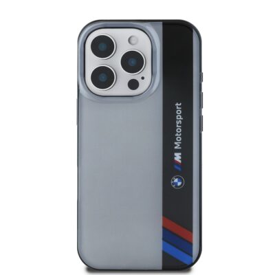 Pilkas dėklas BMW IML Motorsport Vertical Stripe telefonui Apple Iphone 16 Pro Max su juoda vertikaliu dryžu ir ženklais