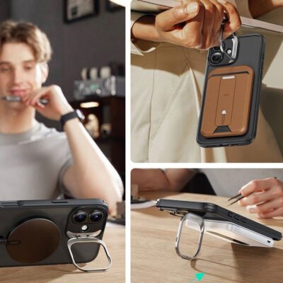 Juodas frosted dėklas su apsauginiu stiklu Apple Iphone 16 su metaliniu stovu