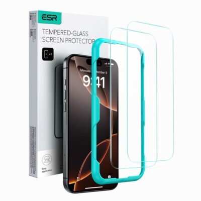 Skaidrus apsauginis ekrano stikliukas Apple Iphone 16 Esr Tempered Glass 2-Pack su tamsiai juodu telefonu ir mėlynu aplikatoriumi