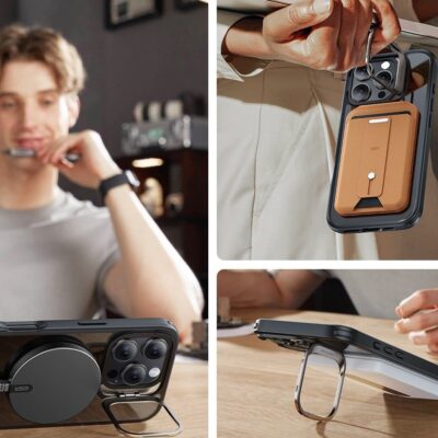 Skaidrus-juodas dėklas su apsauginiu stiklu Apple Iphone 16 Pro su pilku stoveliu ir apsauga kameros srityje