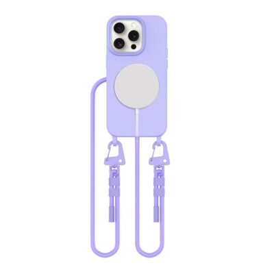 Levandu deklas Apple Iphone 15 Pro Tech-Protect Magnecklace with Magsafe charger attached in violet color