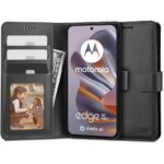 Juodas atverčiamas dėklas Motorola Edge 50 Neo Tech-Protect Wallet su kortelių lizdais ir magnetiniu užsegimu