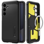 Juodas dėklas Samsung Galaxy S24 FE Spigen Tough Armor Magsafe su telefonų kamerų angomis ir vidine geltona apsauga