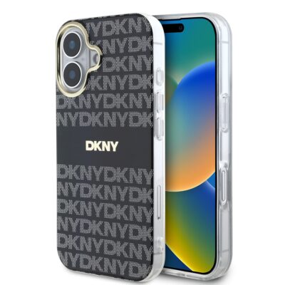 Juodas dėklas telefonui Apple Iphone 16 DKNY su kartotiniu raštu ir tonuota juosta
