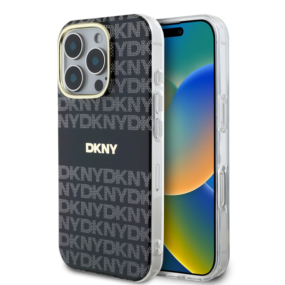 Juodas dėklas telefonui Apple Iphone 16 Pro DKNY PC TPU Juodas dėklas telefonui Apple Iphone 16 Pro su DKNY logotipo raštu ir Magsafe sistema