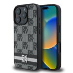 Juodas dėklas telefonui Apple Iphone 16 Pro DKNY PU odos languotas raštas su juostele