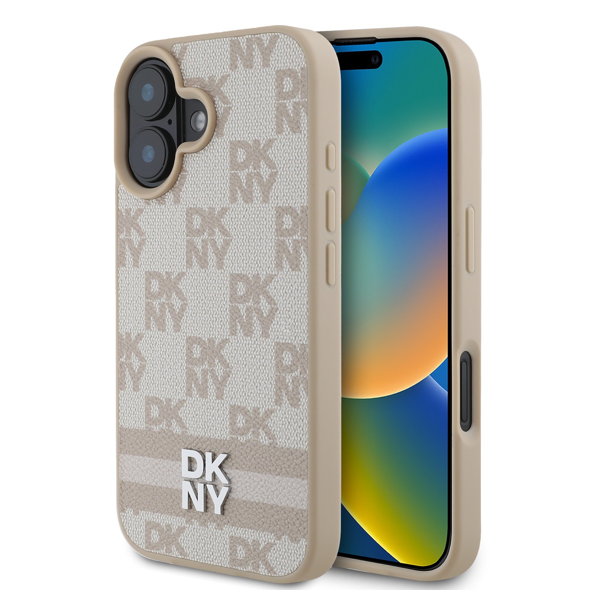Rausvas dėklas telefonui Apple Iphone 16 DKNY PU Leather Checkered Pattern and Stripe Rausvas dėklas telefonui Apple Iphone 16 su DKNY PU odos raštuota faktūra ir dryžiu
