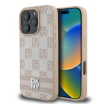 Rausvas dėklas telefonui Apple Iphone 16 Pro su DKNY raštu ir dryžiu