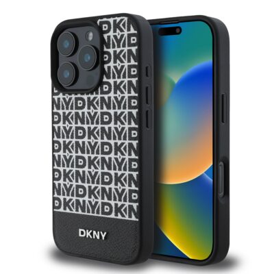 Juodas dėklas telefonui Apple Iphone 16 Pro su DKNY logotipu ir baltos juostos apatine dalimi