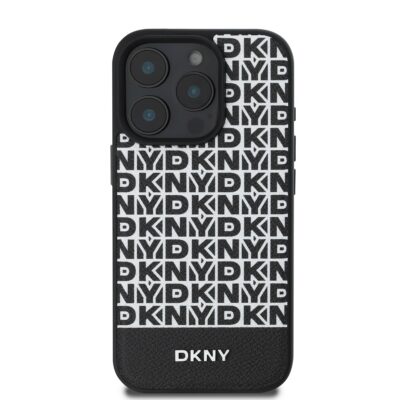 Juodas DKNY raštuotas PU odos dėklas Apple iPhone 16 Pro Max telefonui su apatine juostele
