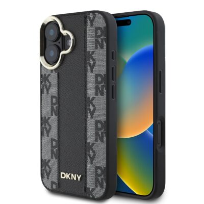 Juodas dėklas telefonui Apple Iphone 16 DKNY PU Leather Checkered Pattern Magsafe raštuotas ir odinis
