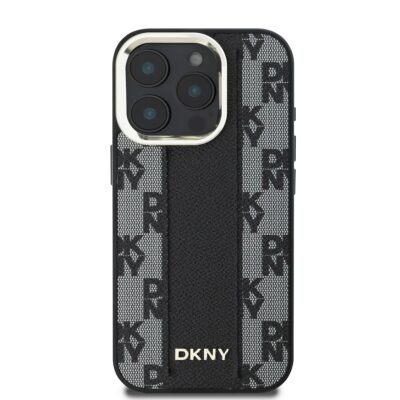 Juodas dėklas telefonui Apple Iphone 16 Pro Max DKNY PU Leather Checkered Pattern Magsafe su raštu ir odiniu juodu centru