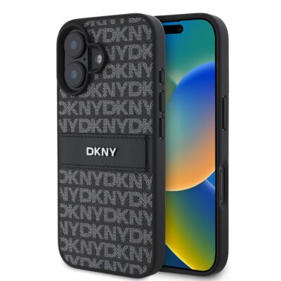 Juodas dėklas telefonui Apple Iphone 16 su DKNY PU odos raštu ir dryžuota tekstūra