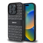 Juodas dėklas telefonui Apple Iphone 16 Pro su DKNY logotipu ir pakartotiniu raštu