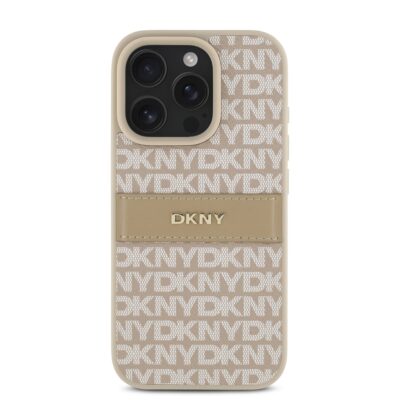 Rausvas dėklas telefonui Apple Iphone 16 Pro Max DKNY PU Leather Repeat Pattern Tonal Stripe raštuotas ir su logotipu
