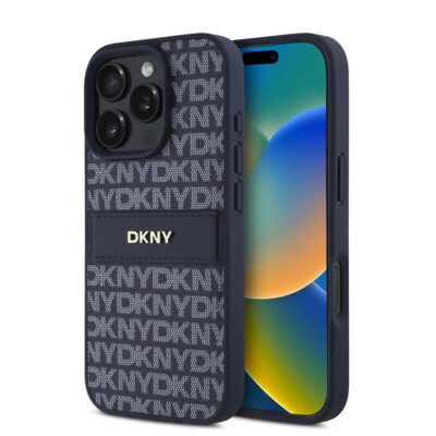 Mėlynas dėklas telefonui Apple Iphone 16 Pro DKNY PU Leather Repeat Pattern Tonal Stripe su raštuotu dizainu ir metaliniu DKNY logotipu