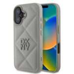 Pilkas dėklas telefonui Apple Iphone 16 DKNY iš matinės odos su siūtomis linijomis ir iškilusiu logotipu