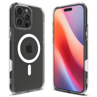 baltas deklas telefonui apple iphone 16 pro spigen ultra hybrid t mag magsafe skaidrus su magnetiniu ziedu