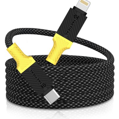 Juodas-geltonas kabelis USB-C Lightning 1m Tactical MagRope su pynimu ir tvirtais antgaliais