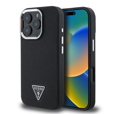 Juodas dėklas Guess PU Grained Triangle Logo telefonui Apple iPhone 16 Pro su raštuota tekstūra ir trikampiu logotipu