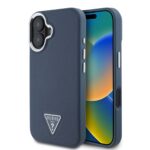 Mėlynas dėklas Guess PU Grained Triangle Logo telefonui Apple iPhone 16 su tekstūruota paviršiaus struktūra ir trišalės formos logotipu