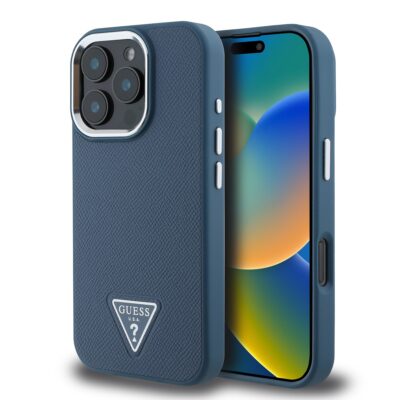 Mėlynas dėklas Guess PU Grained Triangle Logo telefonui Apple iPhone 16 Pro su tekstūruota paviršiaus oda