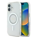 Baltas dėklas Guess IML Rhinestones Ring MagSafe telefonui Apple iPhone 16 su deimantinėmis detalėmis